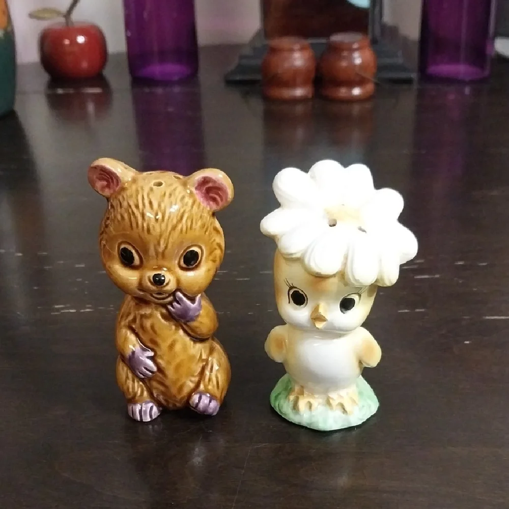 Brown Ceramic Bear & White Flower Chick Salt and Pepper Shakers - Vintage Style